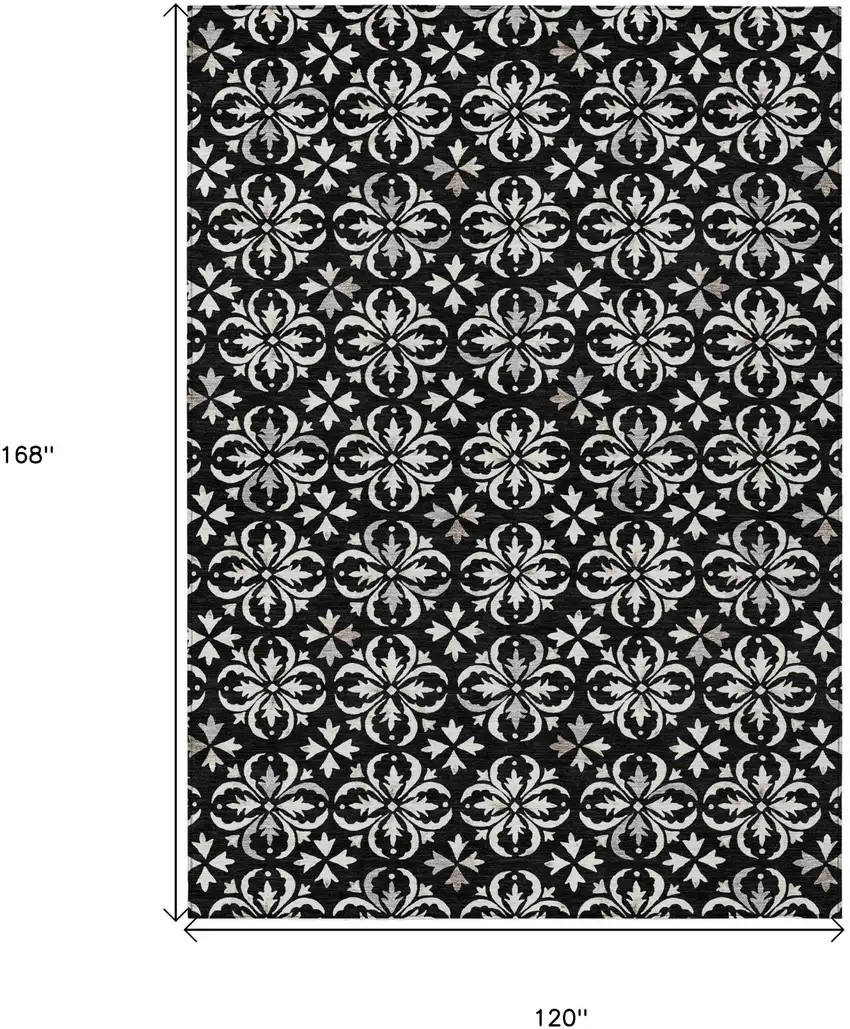Black And Ivory Floral Washable Indoor Outdoor Area Rug Photo 3