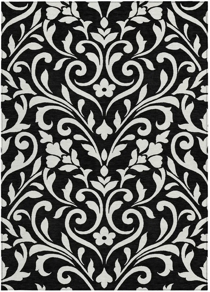 Black And Ivory Floral Washable Indoor Outdoor Area Rug Photo 7