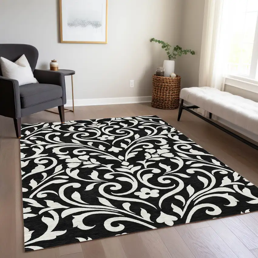 Black And Ivory Floral Washable Indoor Outdoor Area Rug Photo 9