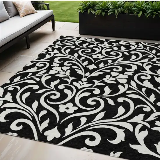 Black And Ivory Floral Washable Indoor Outdoor Area Rug Photo 1