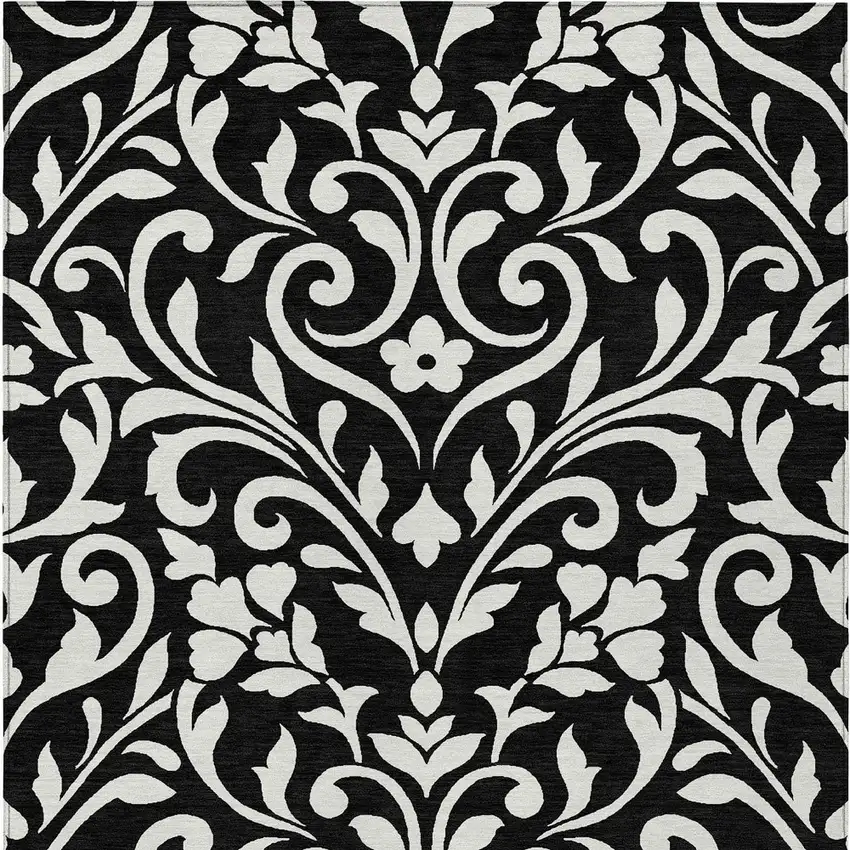Black And Ivory Floral Washable Indoor Outdoor Area Rug Photo 7