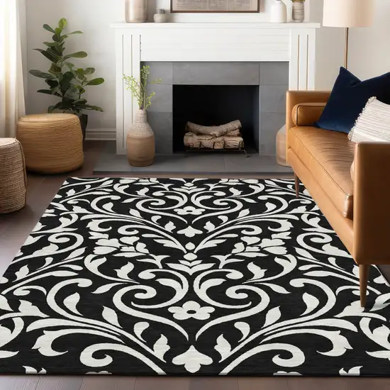 Black And Ivory Floral Washable Indoor Outdoor Area Rug Photo 9