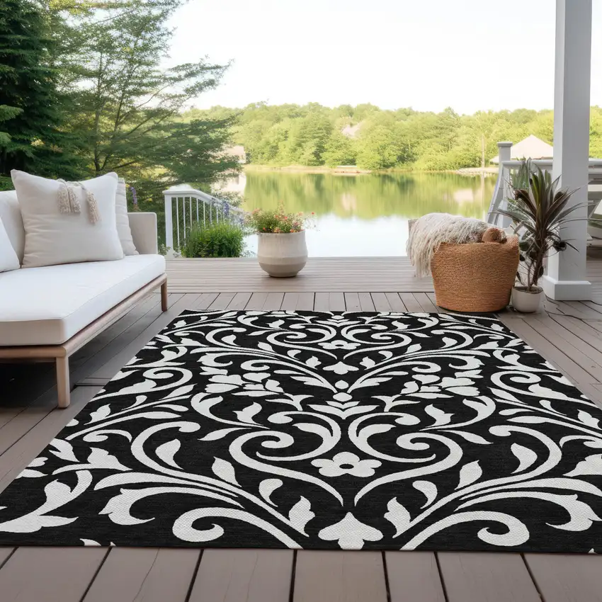 Black And Ivory Floral Washable Indoor Outdoor Area Rug Photo 8