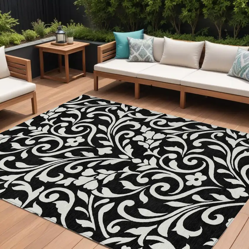 Black And Ivory Floral Washable Indoor Outdoor Area Rug Photo 1