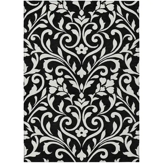 Black And Ivory Floral Washable Indoor Outdoor Area Rug Photo 2