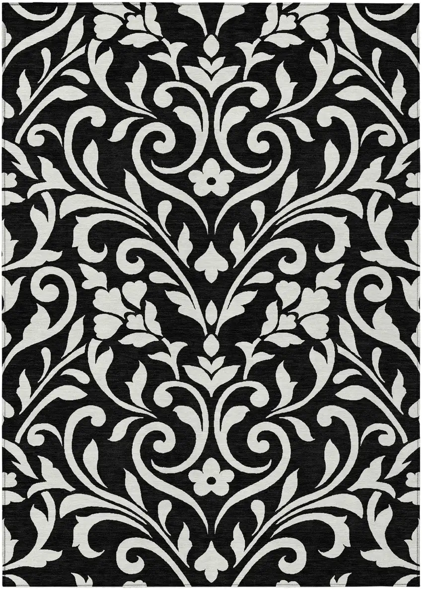 Black And Ivory Floral Washable Indoor Outdoor Area Rug Photo 2
