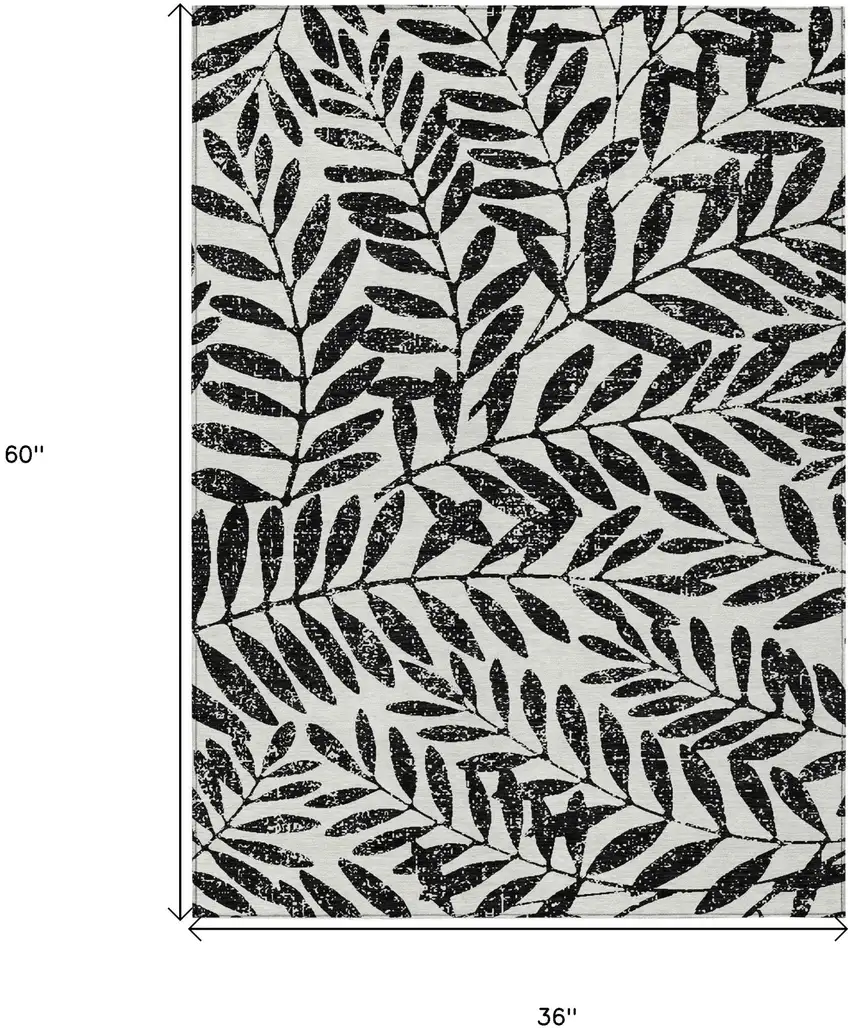 Black And Ivory Floral Washable Indoor Outdoor Area Rug Photo 3