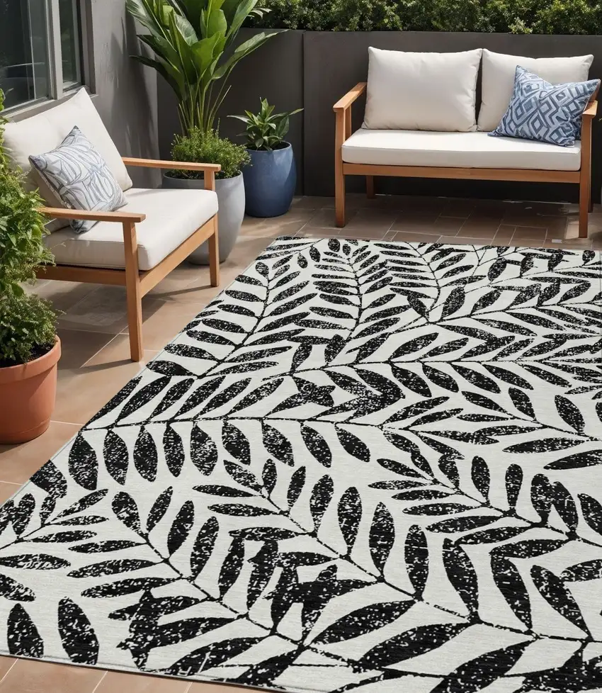Black And Ivory Floral Washable Indoor Outdoor Area Rug Photo 1