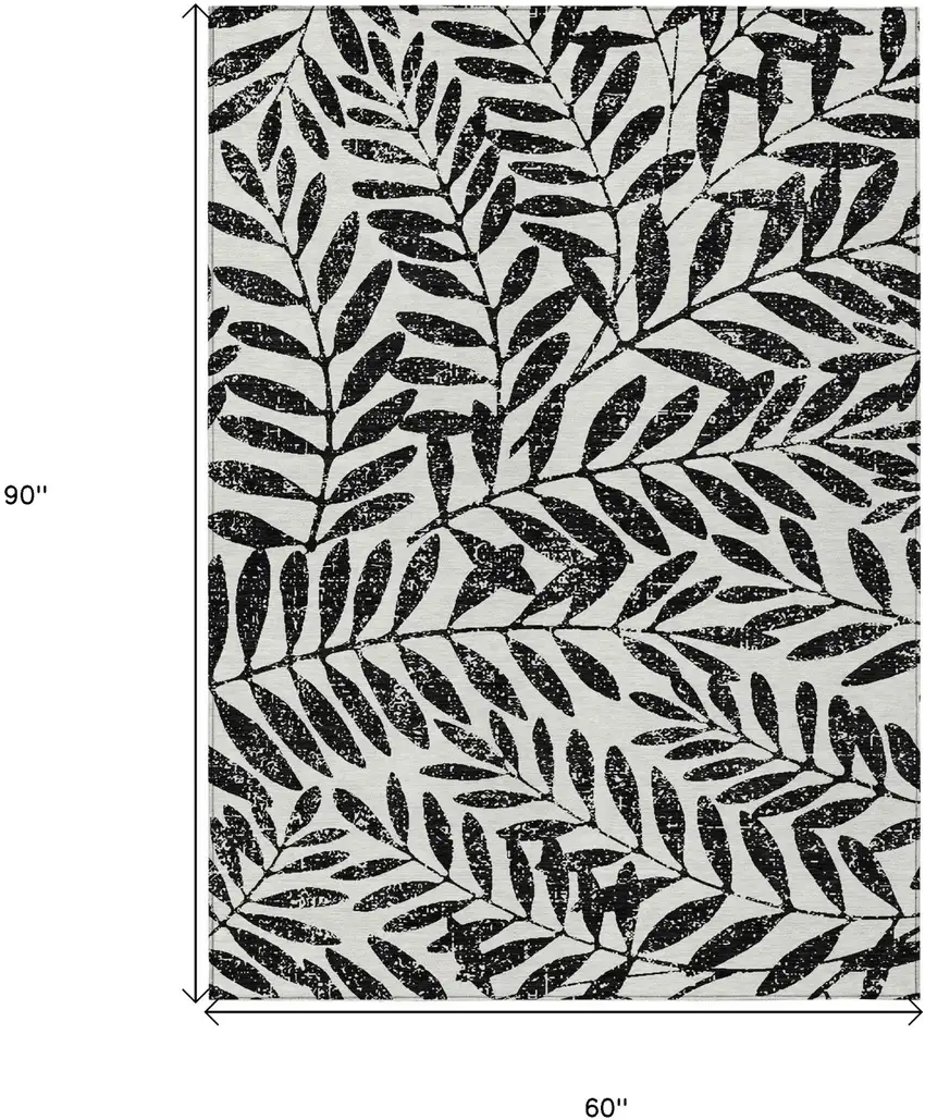 Black And Ivory Floral Washable Indoor Outdoor Area Rug Photo 3