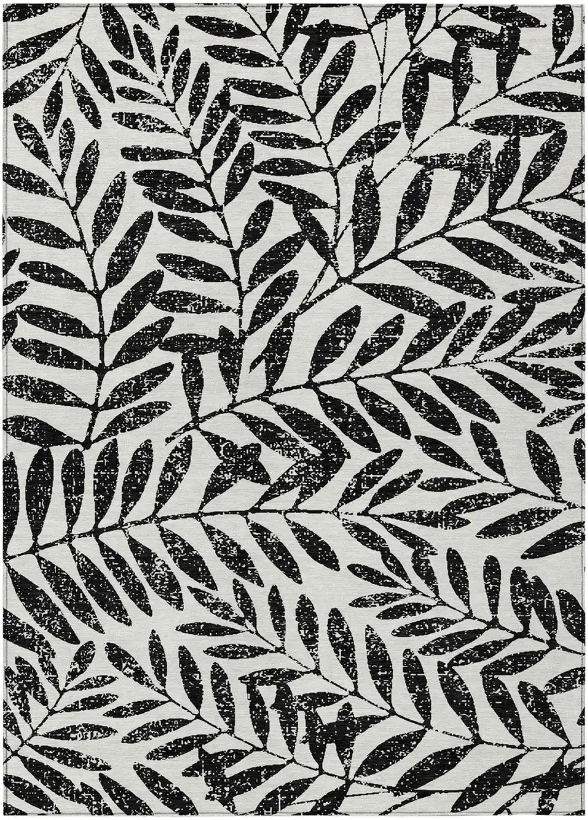 Black And Ivory Floral Washable Indoor Outdoor Area Rug Photo 2