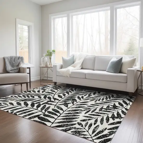 Black And Ivory Floral Washable Indoor Outdoor Area Rug Photo 9