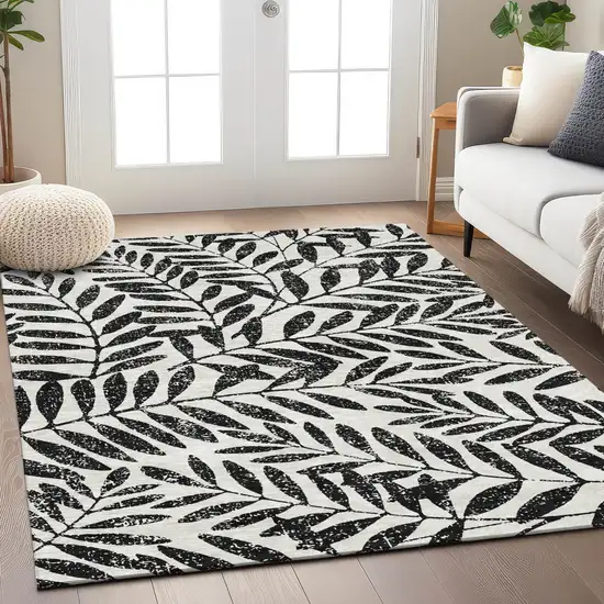 Black And Ivory Floral Washable Indoor Outdoor Area Rug Photo 9