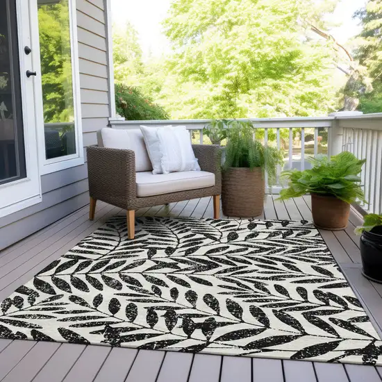 Black And Ivory Floral Washable Indoor Outdoor Area Rug Photo 8