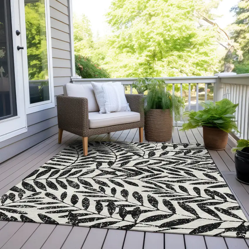 Black And Ivory Floral Washable Indoor Outdoor Area Rug Photo 8