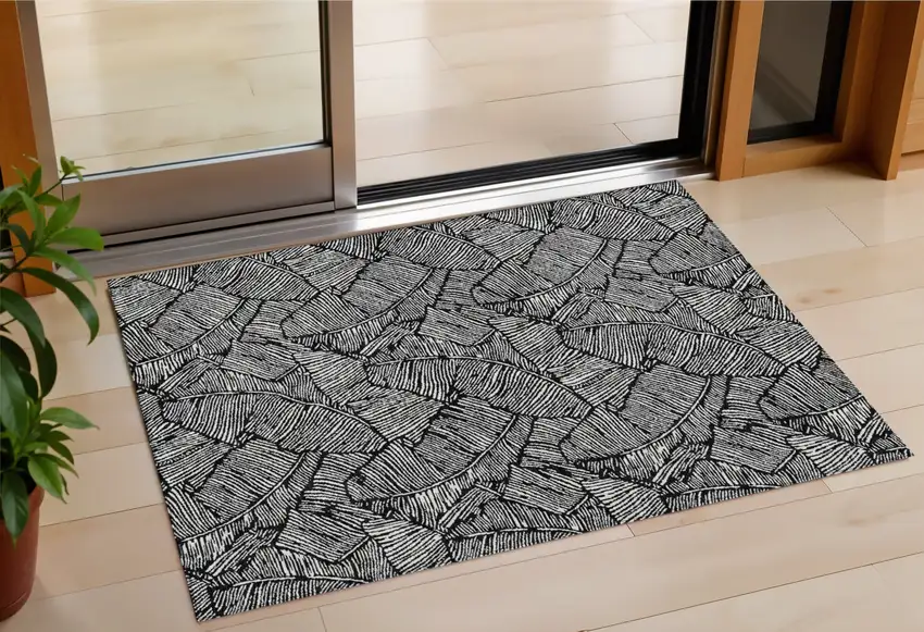 Black And Ivory Floral Washable Indoor Outdoor Area Rug Photo 1