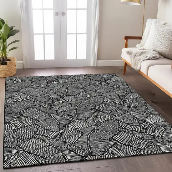 Black And Ivory Floral Washable Indoor Outdoor Area Rug Photo 9