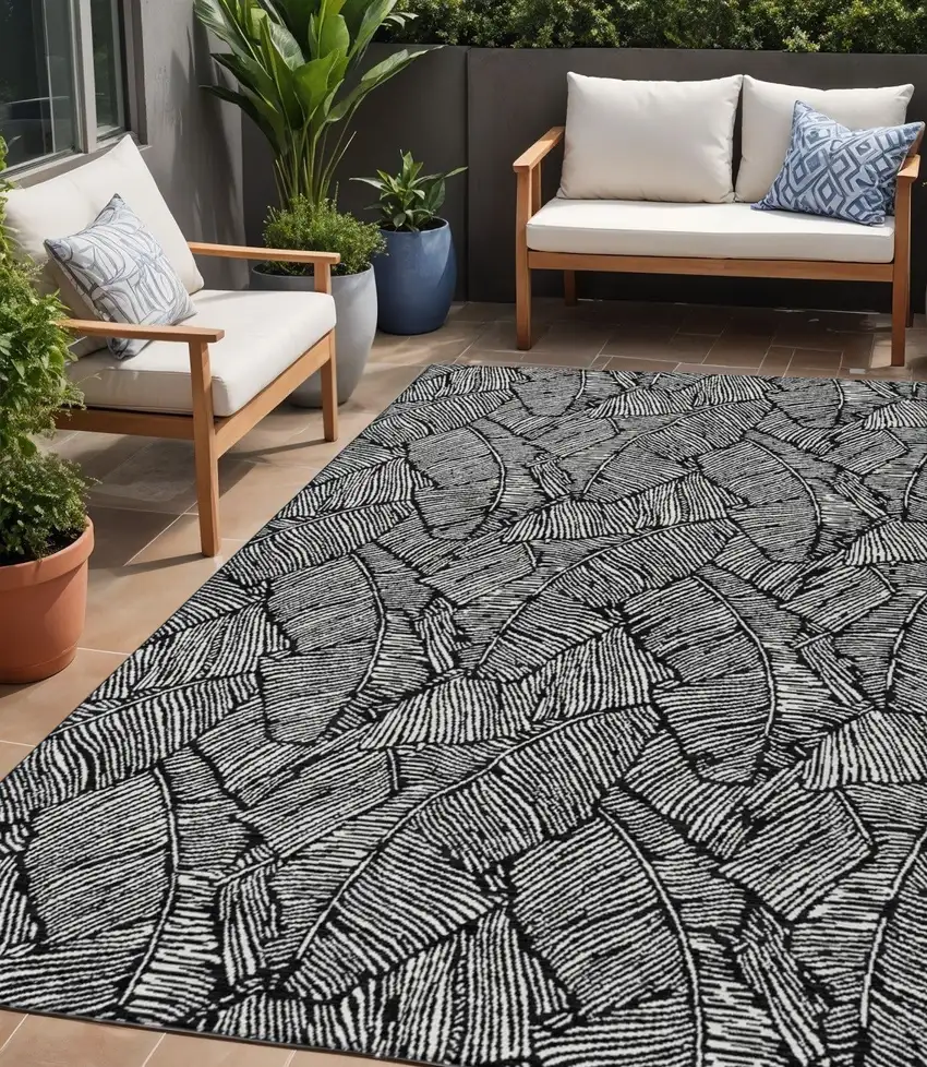 Black And Ivory Floral Washable Indoor Outdoor Area Rug Photo 1