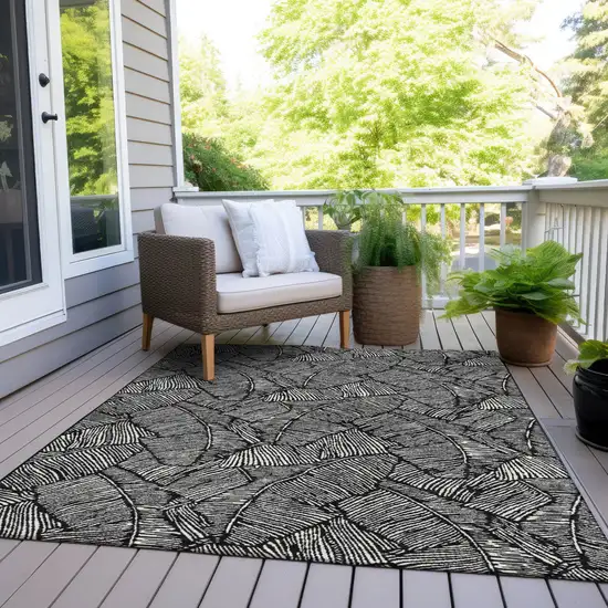 Black And Ivory Floral Washable Indoor Outdoor Area Rug Photo 9