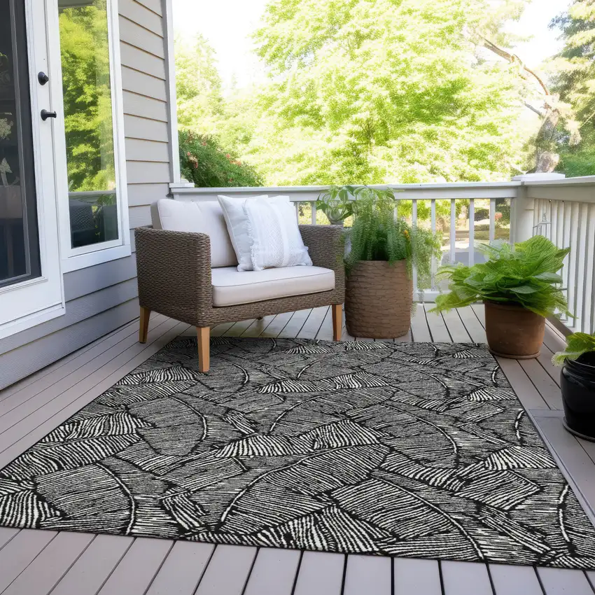 Black And Ivory Floral Washable Indoor Outdoor Area Rug Photo 9