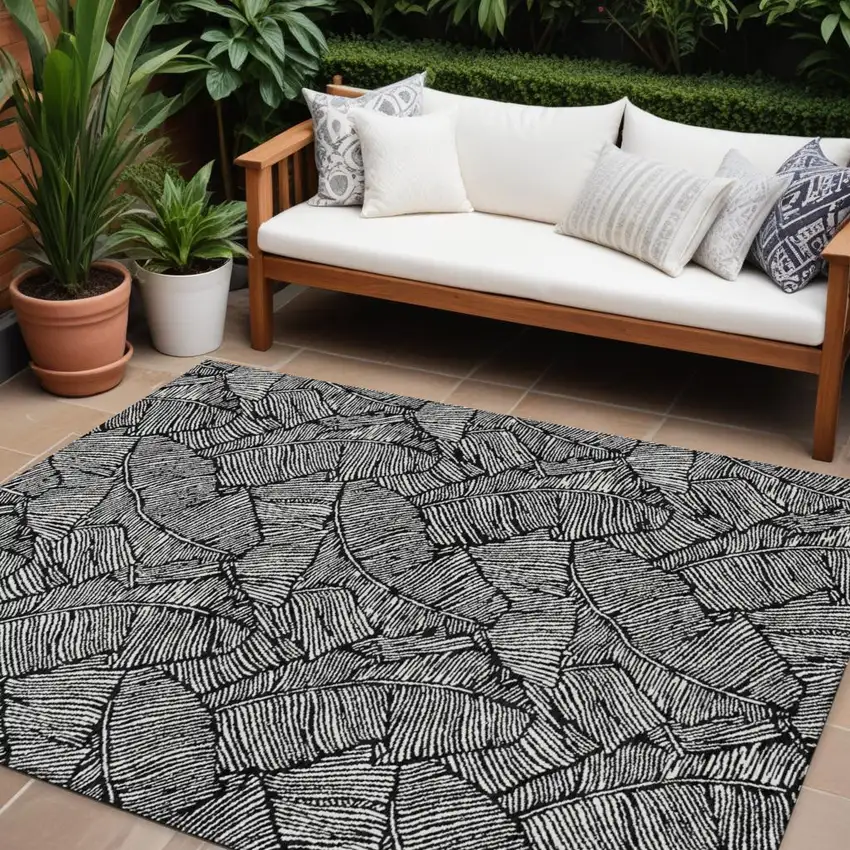 Black And Ivory Floral Washable Indoor Outdoor Area Rug Photo 1