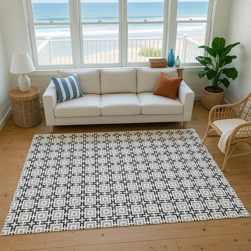 Black And Ivory Geometric Washable Area Rug With UV Protection Photo 6