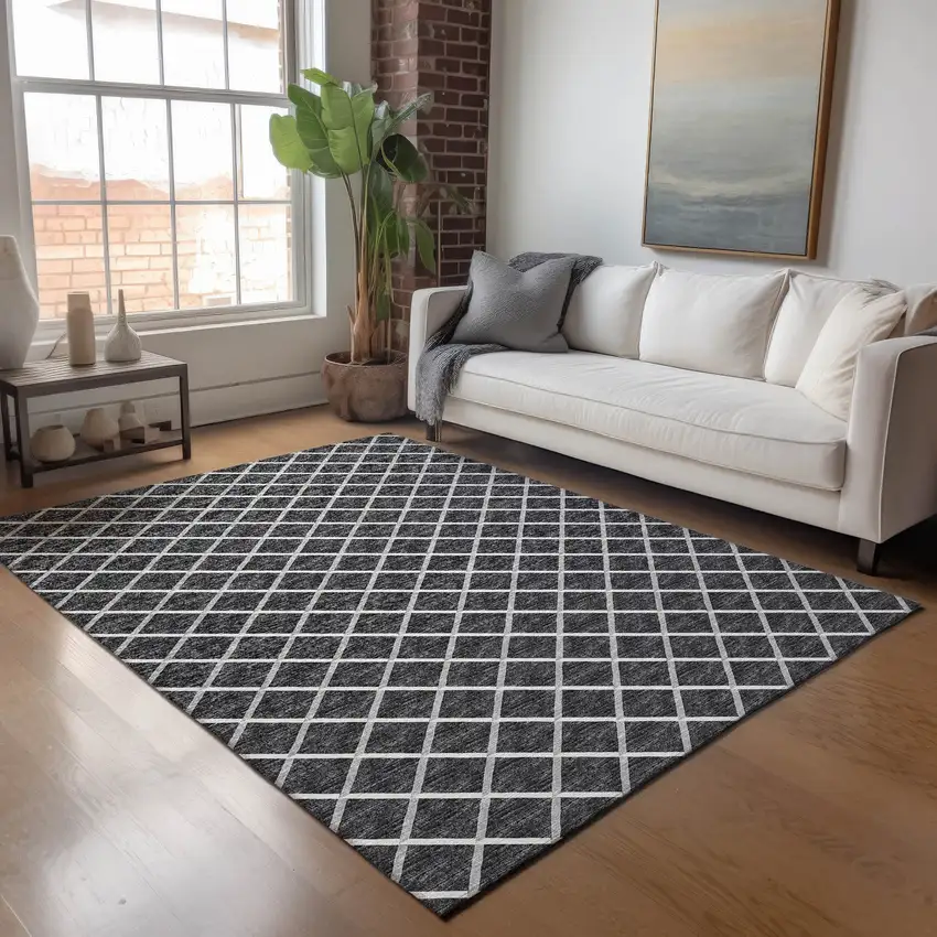 Black And Ivory Geometric Washable Area Rug With UV Protection Photo 4