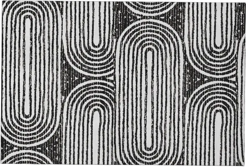 Black And Ivory Geometric Distressed Washable Area Rug With UV Protection Photo 2