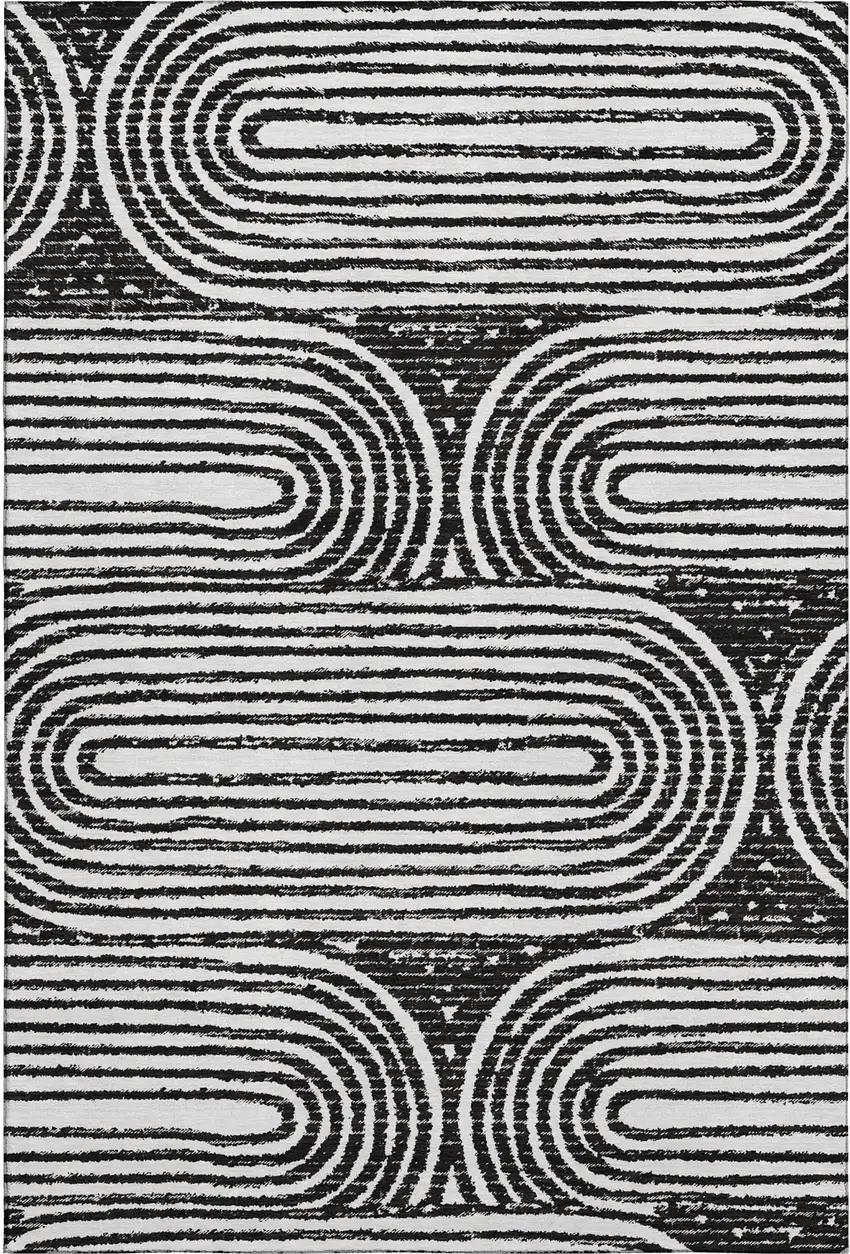Black And Ivory Geometric Distressed Washable Area Rug With UV Protection Photo 9