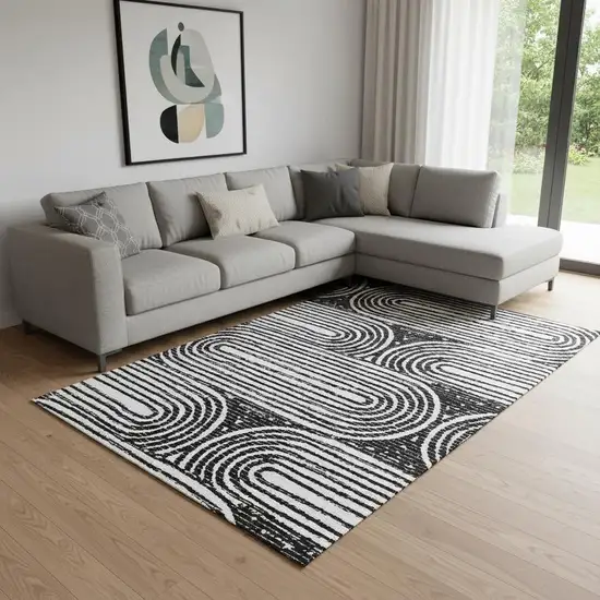 Black And Ivory Geometric Washable Area Rug With UV Protection Photo 1