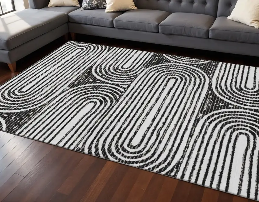 Black And Ivory Geometric Washable Area Rug With UV Protection Photo 2