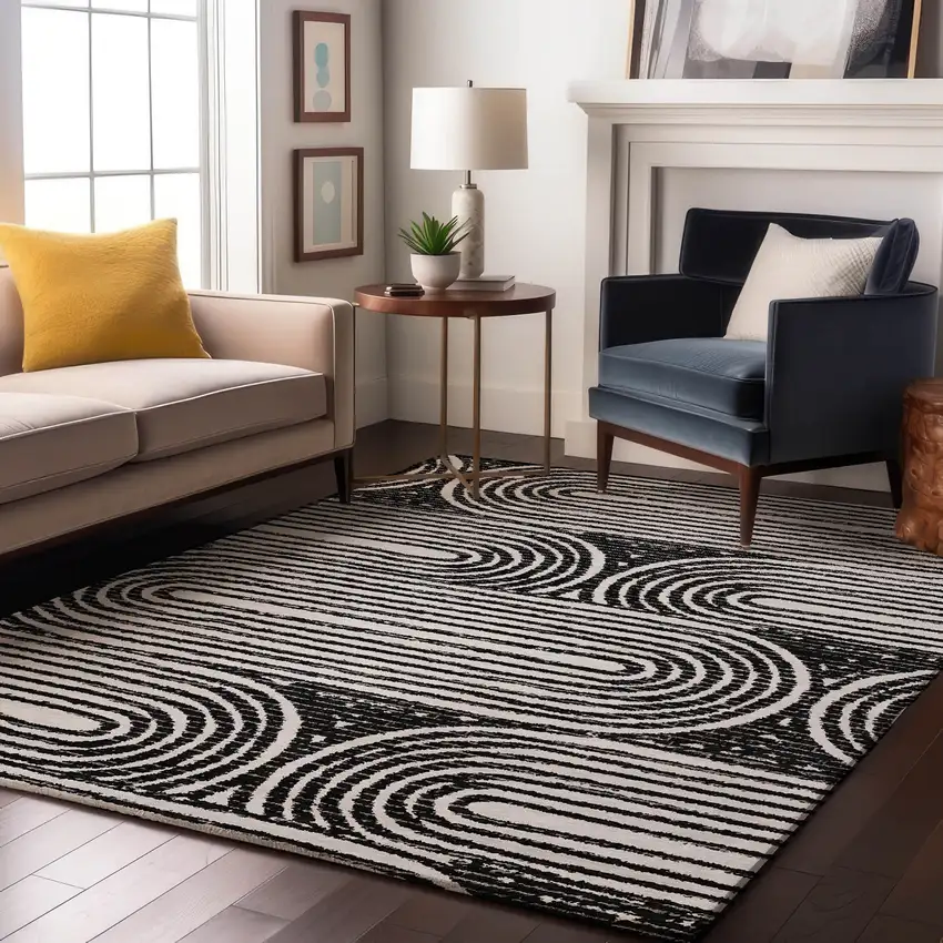 Black And Ivory Geometric Washable Area Rug With UV Protection Photo 5