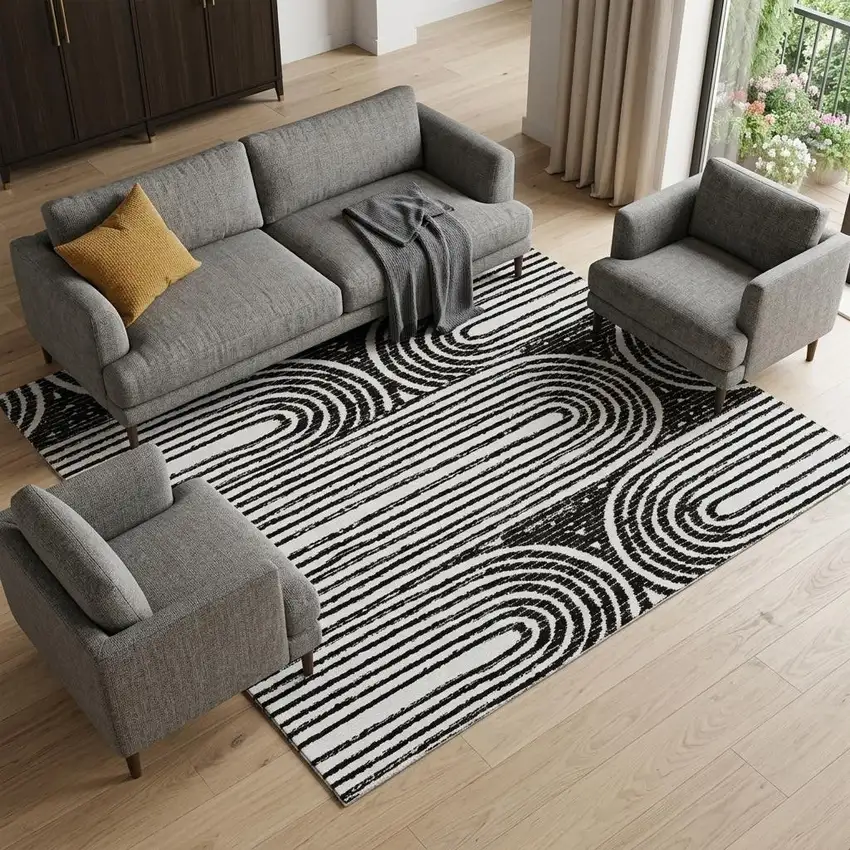 Black And Ivory Geometric Distressed Washable Area Rug With UV Protection Photo 1