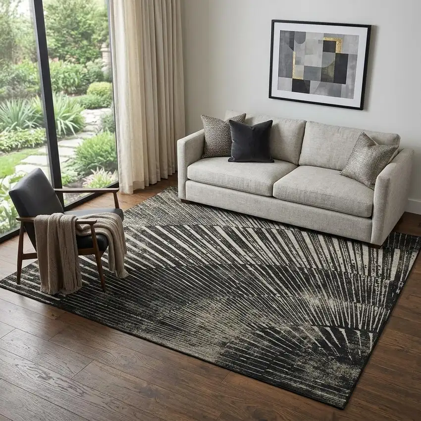 Black And Ivory Geometric Washable Area Rug With UV Protection Photo 1