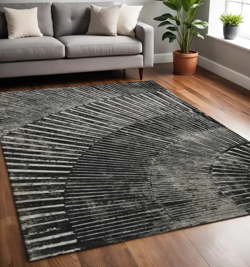 Black And Ivory Geometric Washable Area Rug With UV Protection Photo 2