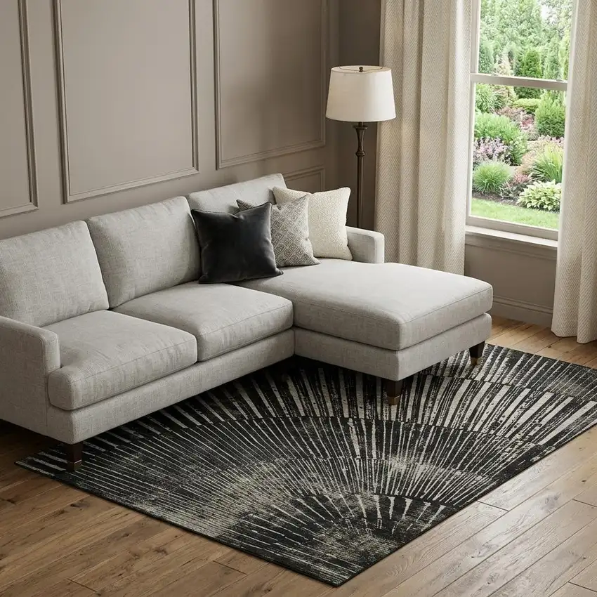 Black And Ivory Geometric Washable Area Rug With UV Protection Photo 1
