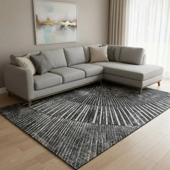 Black And Ivory Geometric Washable Area Rug With UV Protection Photo 1