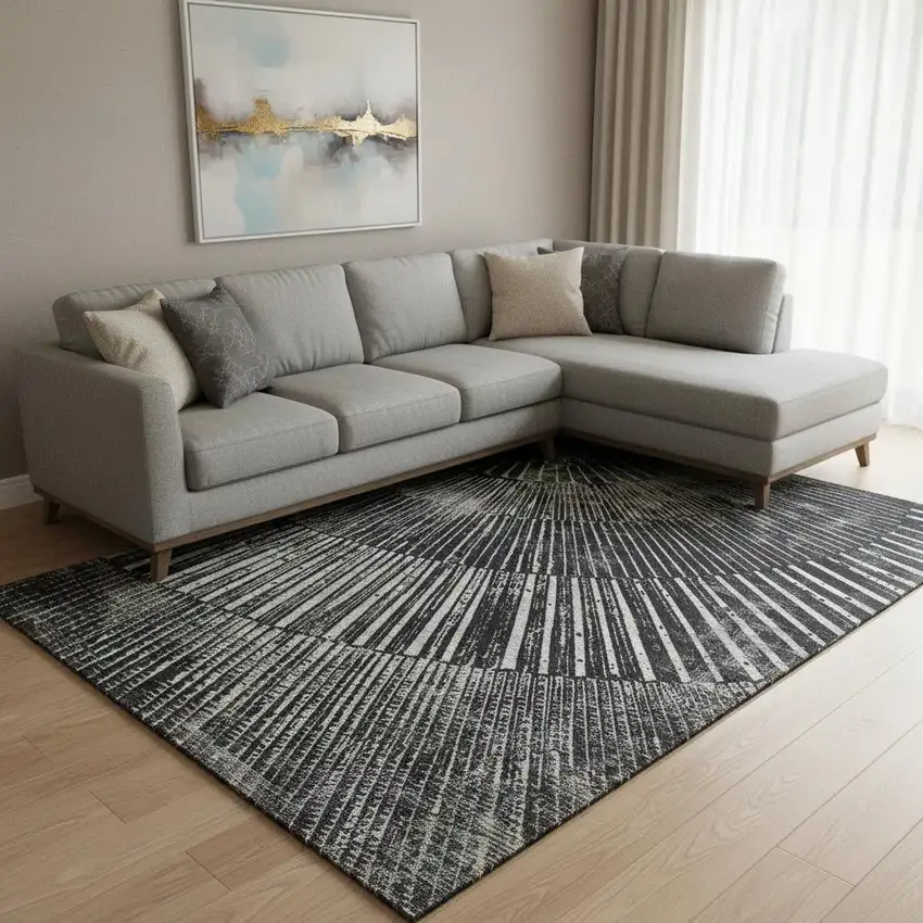 Black And Ivory Geometric Washable Area Rug With UV Protection Photo 1