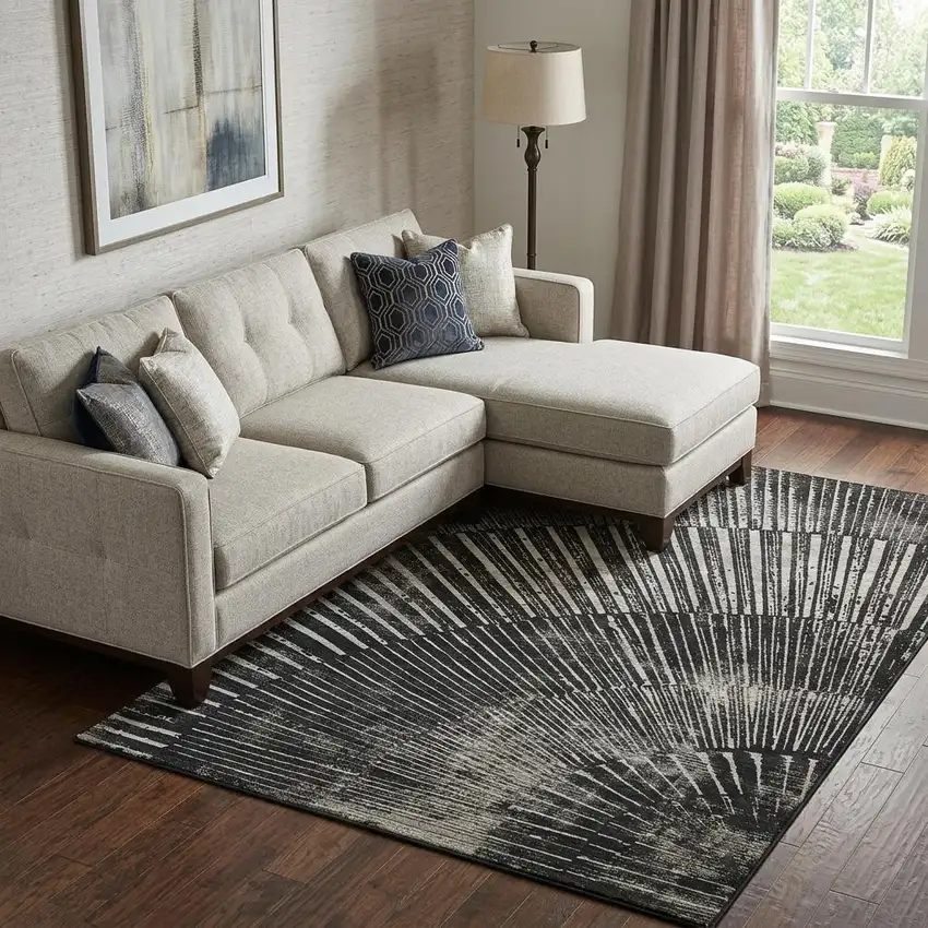 Black And Ivory Geometric Washable Area Rug With UV Protection Photo 1