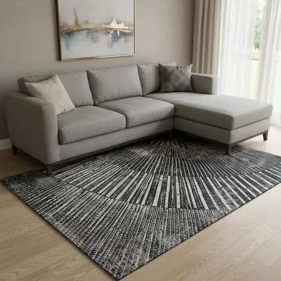 Black And Ivory Geometric Washable Area Rug With UV Protection Photo 1