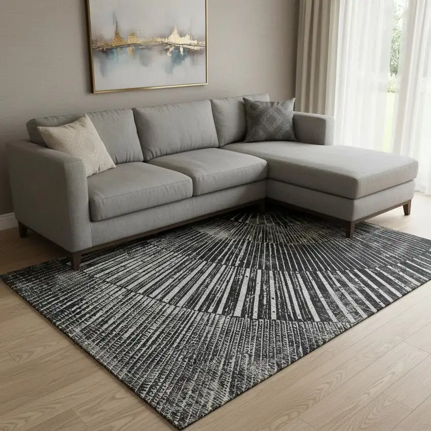 Black And Ivory Geometric Washable Area Rug With UV Protection Photo 1