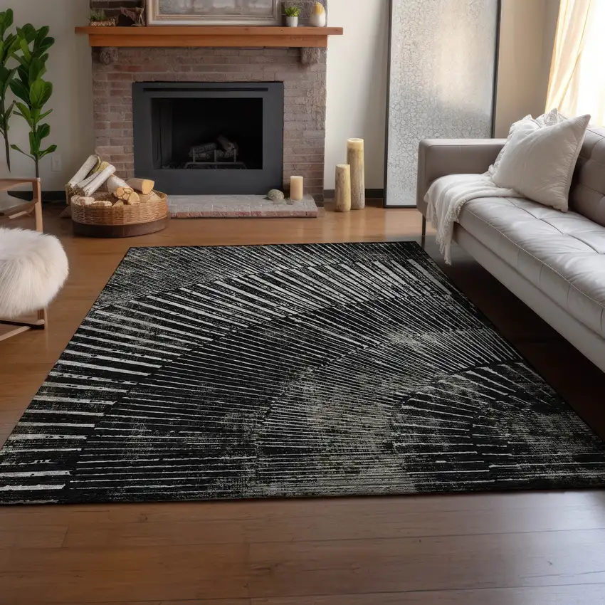 Black And Ivory Geometric Washable Area Rug With UV Protection Photo 5
