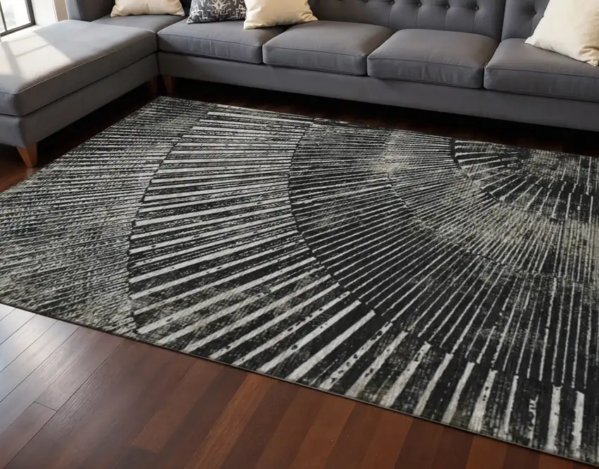 Black And Ivory Geometric Washable Area Rug With UV Protection Photo 2