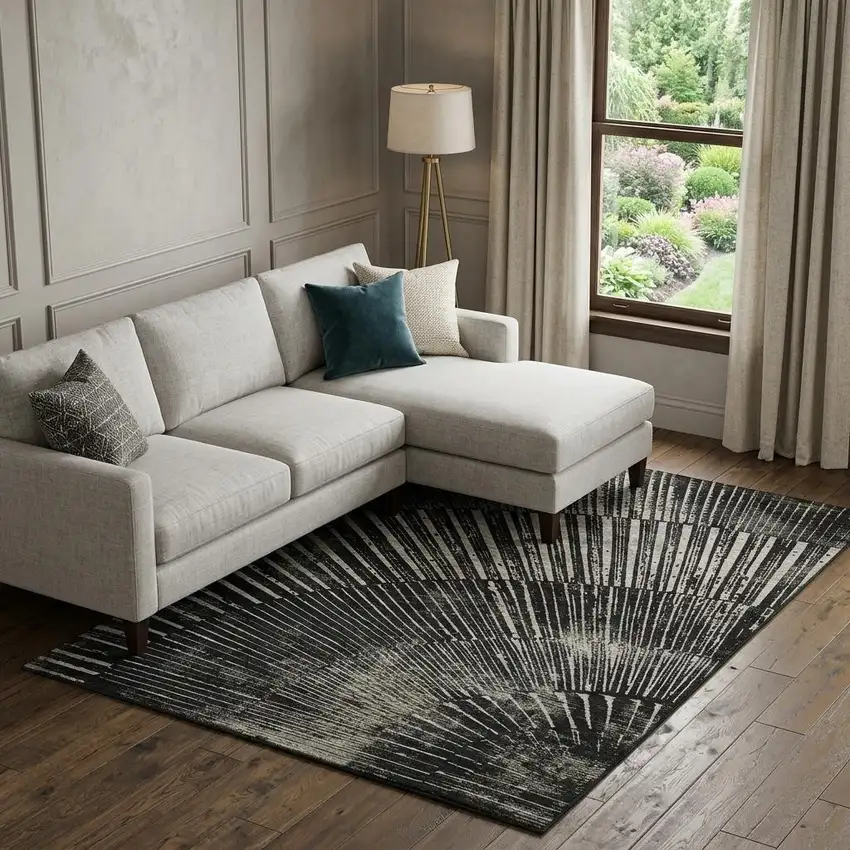 Black And Ivory Geometric Washable Area Rug With UV Protection Photo 1