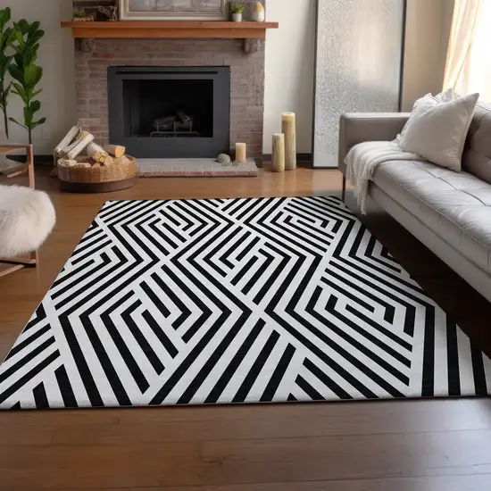Black And Ivory Geometric Washable Area Rug With UV Protection Photo 6