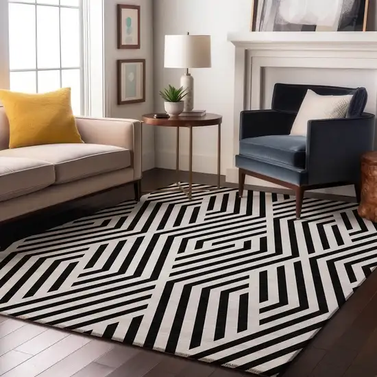 Black And Ivory Geometric Washable Area Rug With UV Protection Photo 5