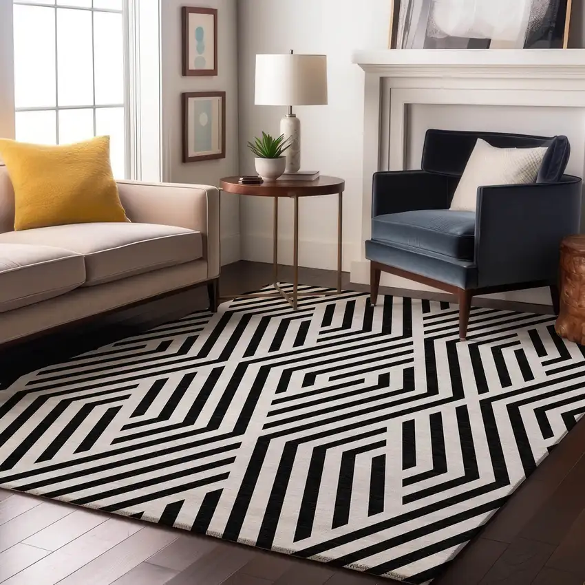 Black And Ivory Geometric Washable Area Rug With UV Protection Photo 5