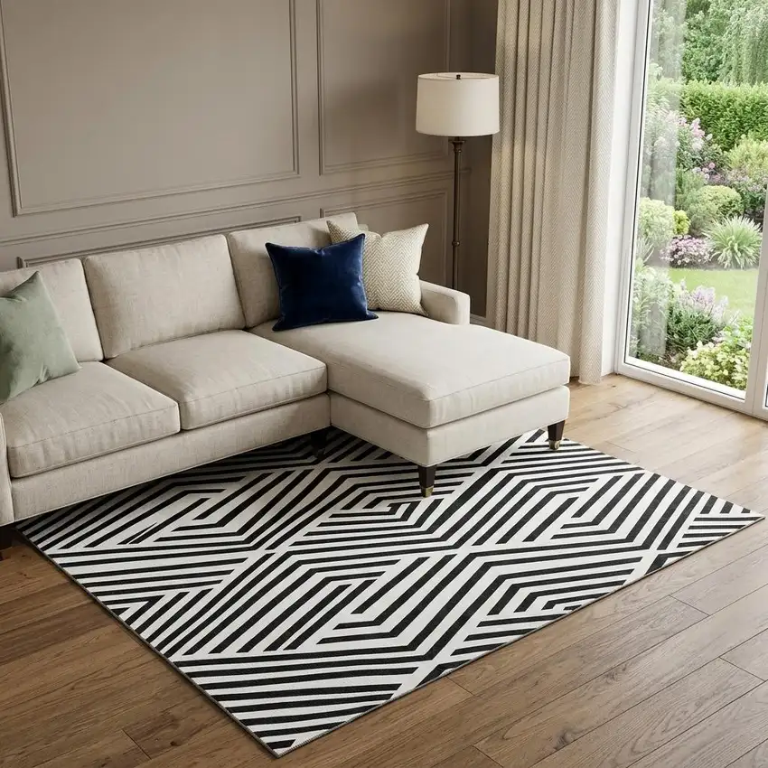 Black And Ivory Geometric Washable Area Rug With UV Protection Photo 1
