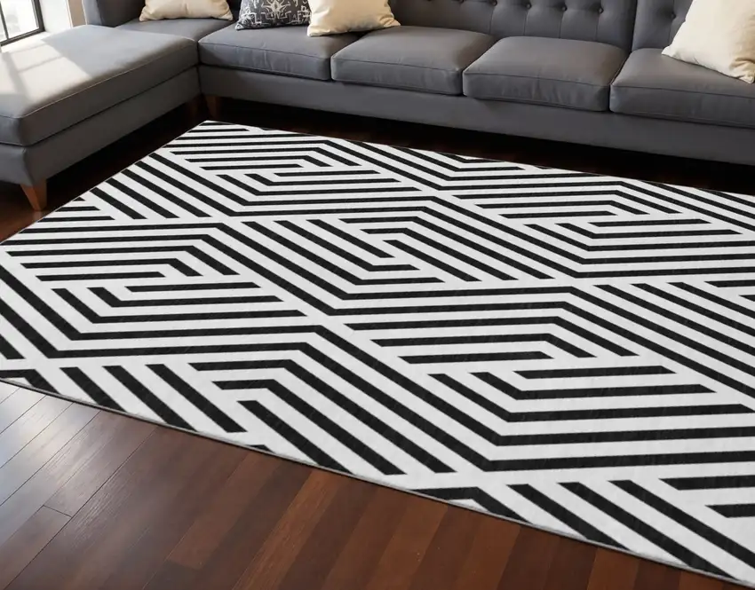 Black And Ivory Geometric Washable Area Rug With UV Protection Photo 2