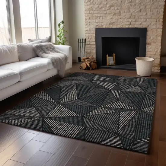 Black And Ivory Geometric Washable Area Rug With UV Protection Photo 5
