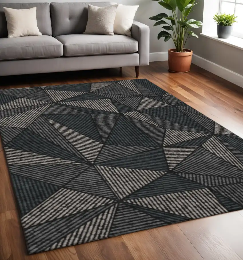 Black And Ivory Geometric Washable Area Rug With UV Protection Photo 2
